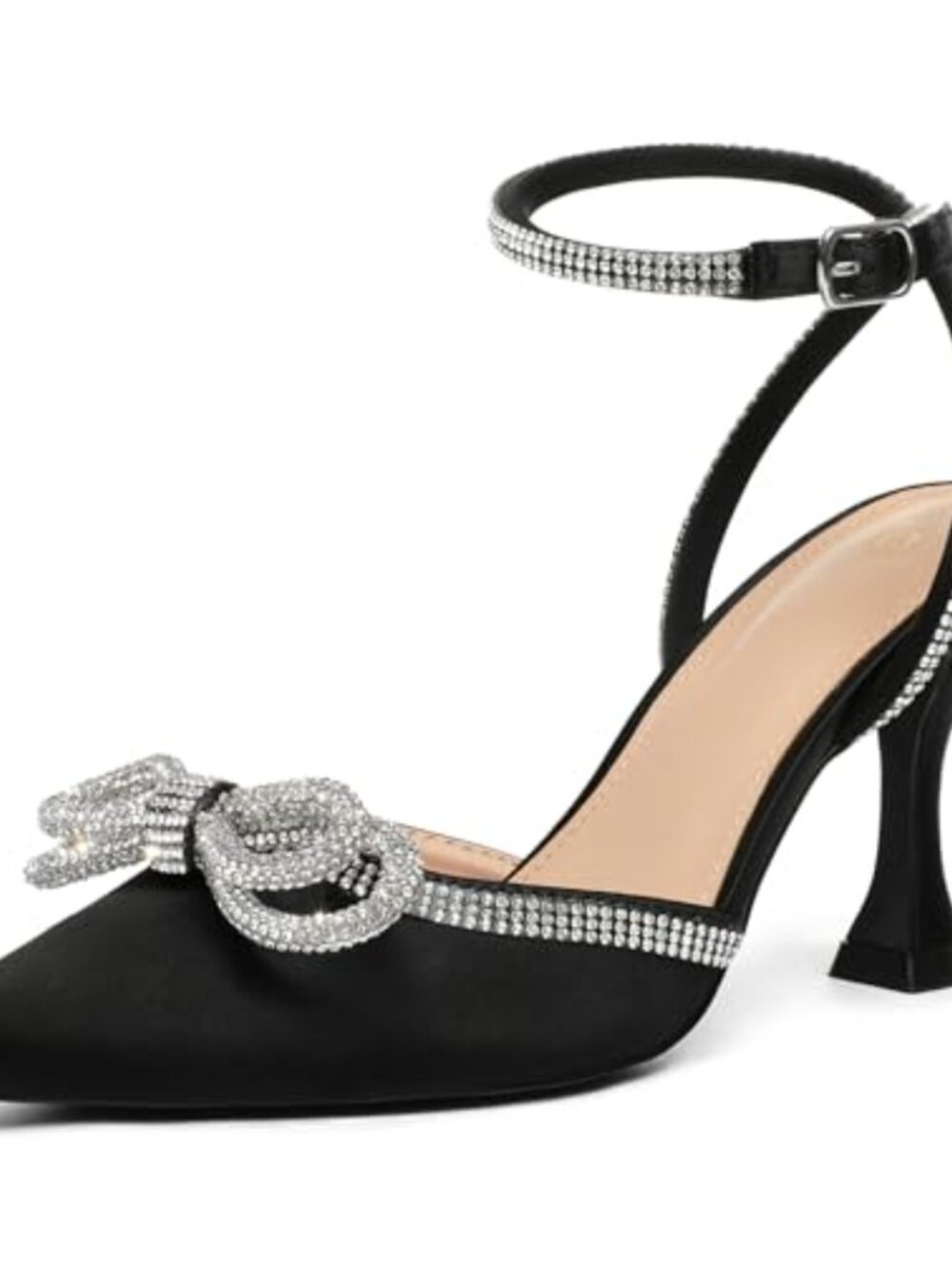 Rhinestone Bow Kitten Heel Pumps Pointed Toe Ankle Strap Wedding Dress Shoes